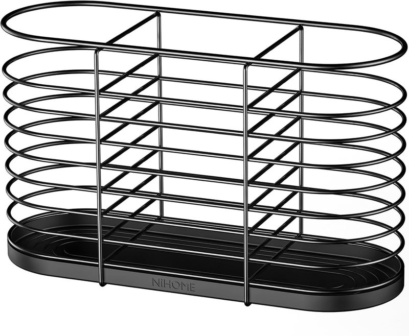 NiHome Large Cabinet Door Lid Organizers, 3-Compartment Cooking Tools Storage Holder, Black Metal Cooking Utensil Organizer with Black Silicone Tray for Organizing Cutlery,Spatula Utensil,Gadgets - Image 1